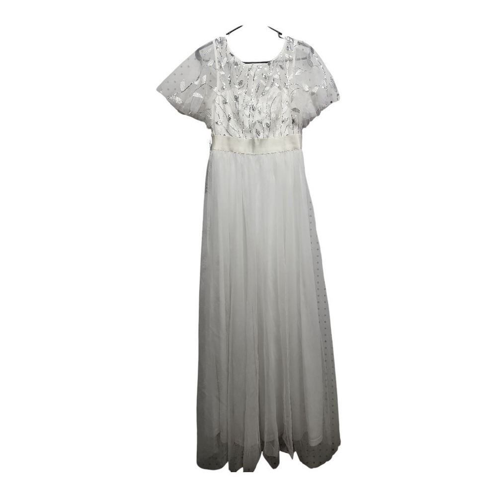 Women's White Sequin A-Line Evening Gown – Short Sleeve, Formal Long Dress, M(6) - Picture 4 of 15